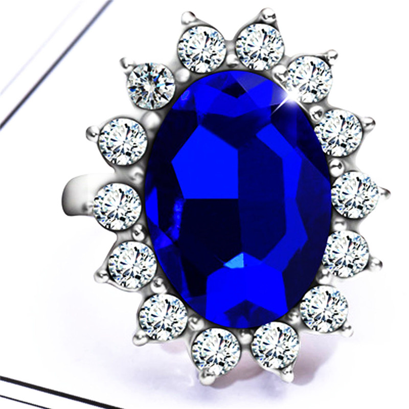 Silver Plated Rhodium Plated Simulated Blue Sapphire and Cubic Zirconia Halo Ring