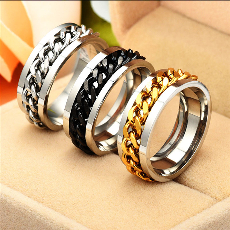 New High-end Boutique Stainless Steel Chain Punk Rock Style Rotatable Ring 3 Colors for Man