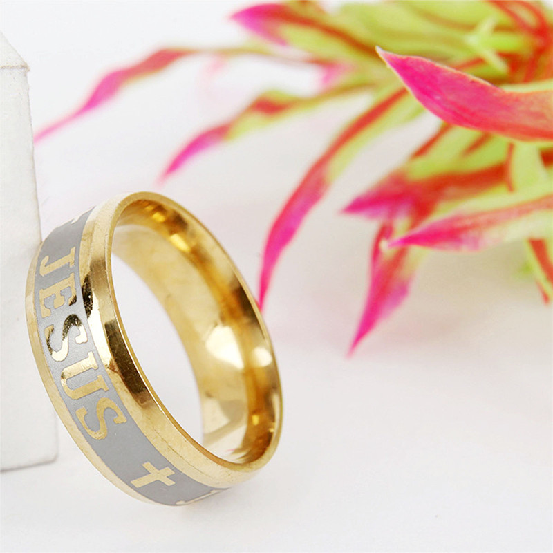 Gold Titanium Steel Rings Prayer Jesus Cross Letter Bible Wedding Band Rings for Men Women