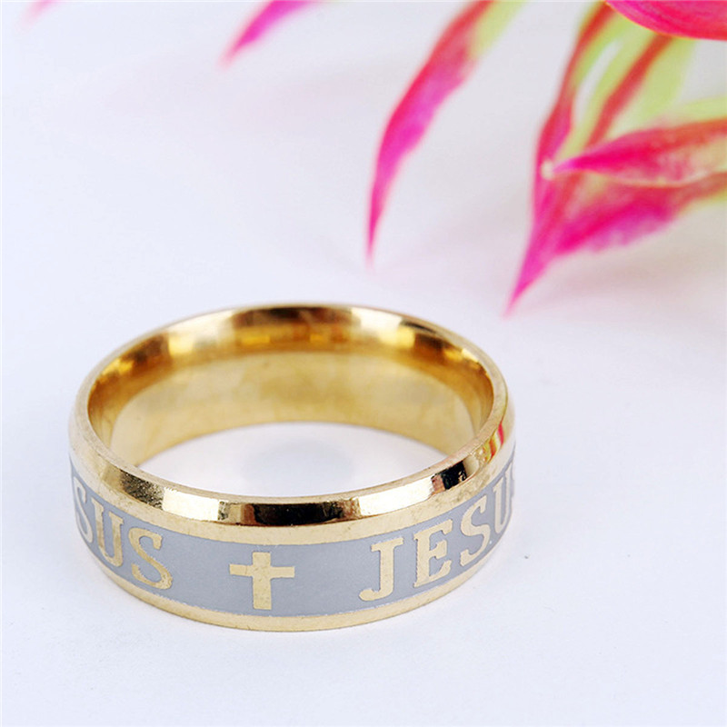 Gold Titanium Steel Rings Prayer Jesus Cross Letter Bible Wedding Band Rings for Men Women