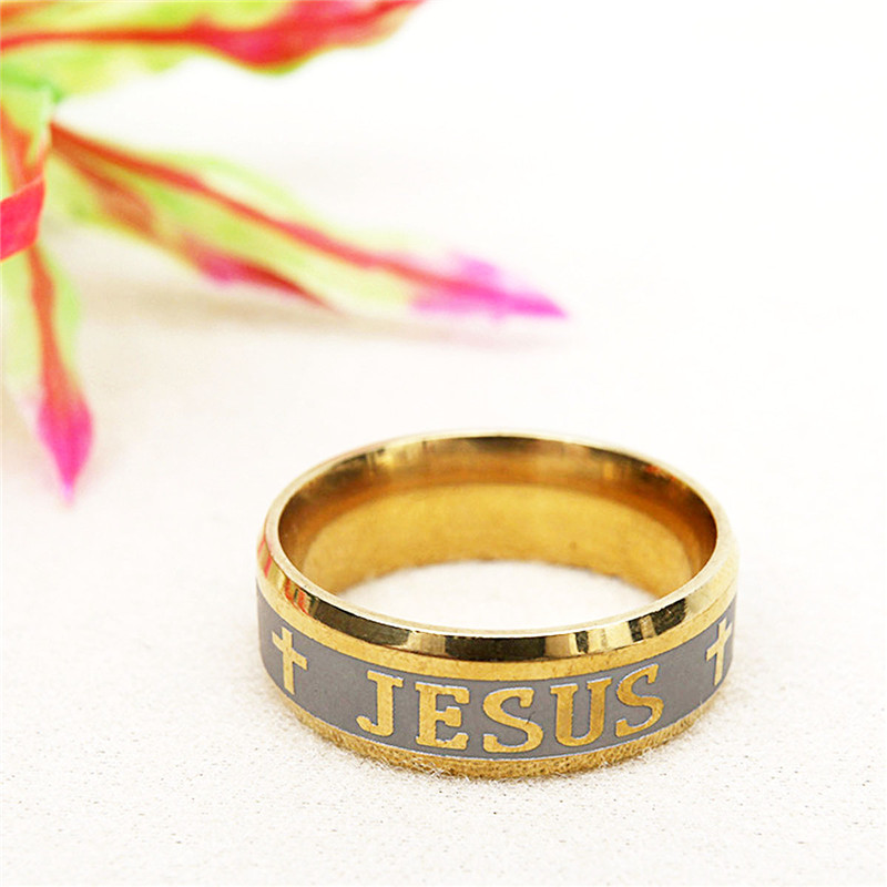 Gold Titanium Steel Rings Prayer Jesus Cross Letter Bible Wedding Band Rings for Men Women