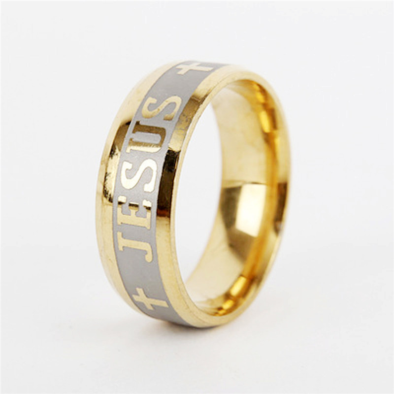 Gold Titanium Steel Rings Prayer Jesus Cross Letter Bible Wedding Band Rings for Men Women