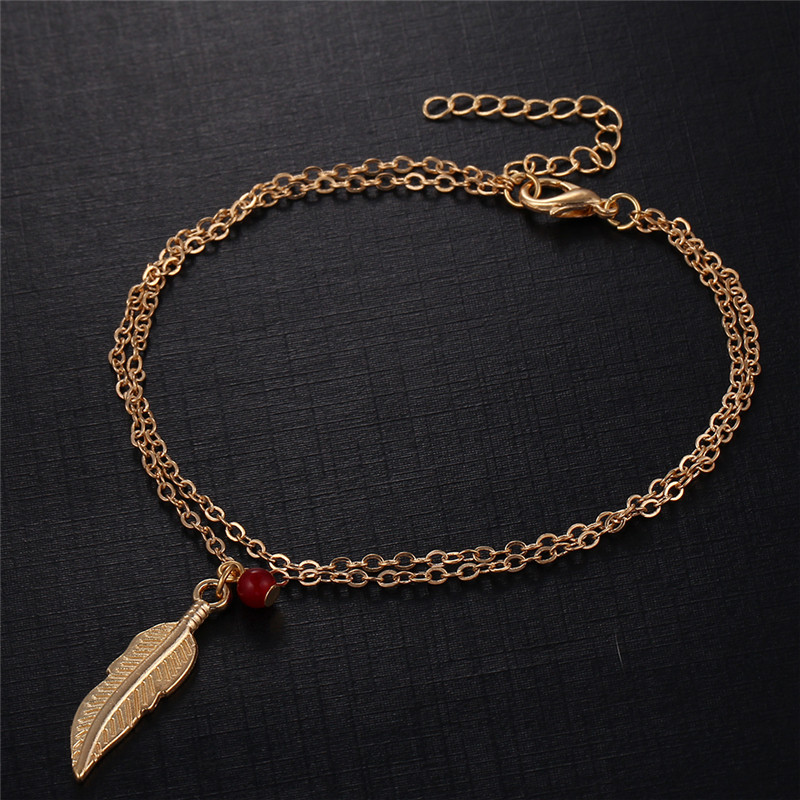 Double Layer Fashion Women Feathers Leaves Anklets Beads Bracelet Tassel Sandals Beach Foot Jewelry