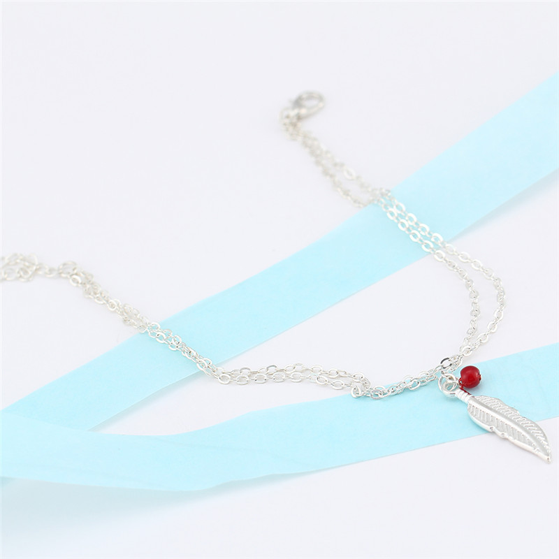 Double Layer Fashion Women Feathers Leaves Anklets Beads Bracelet Tassel Sandals Beach Foot Jewelry