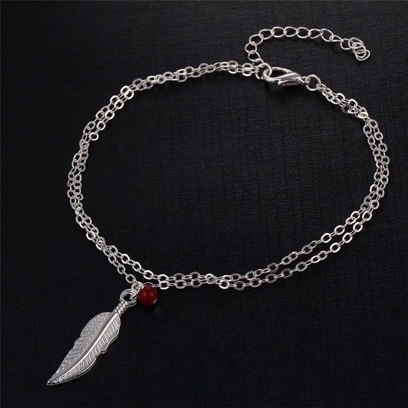 Double Layer Fashion Women Feathers Leaves Anklets Beads Bracelet Tassel Sandals Beach Foot Jewelry