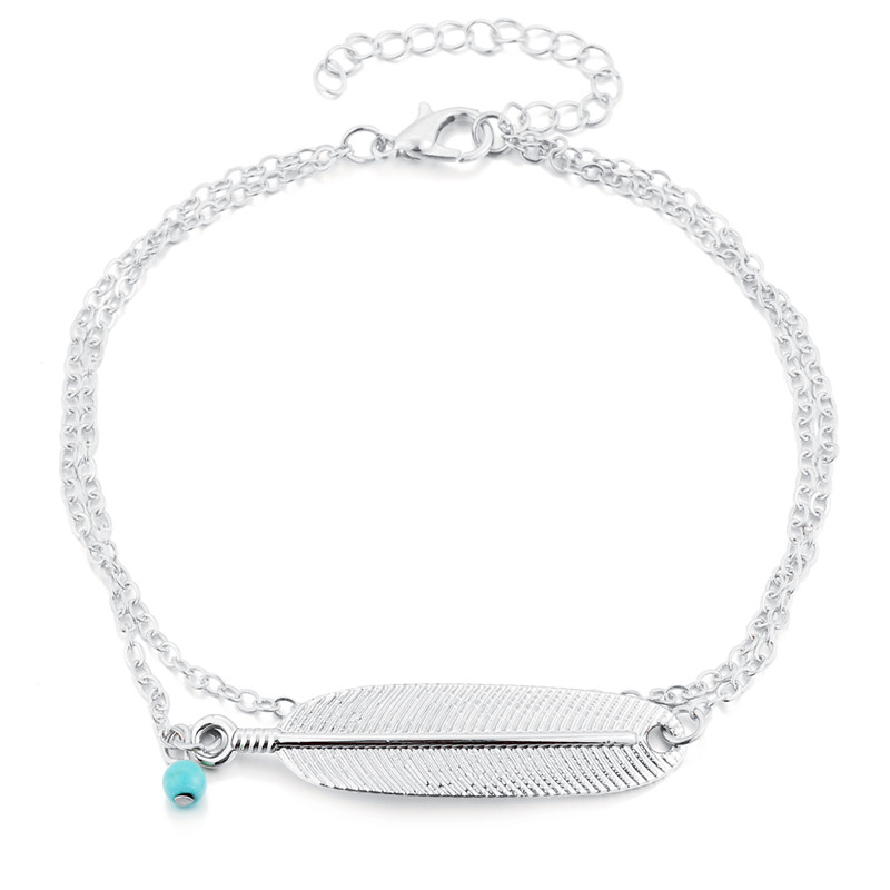 Vintage Anklet Women Blue bead Leaf Charms Beads Bohemian Ankle Bracelet Foot Jewelry