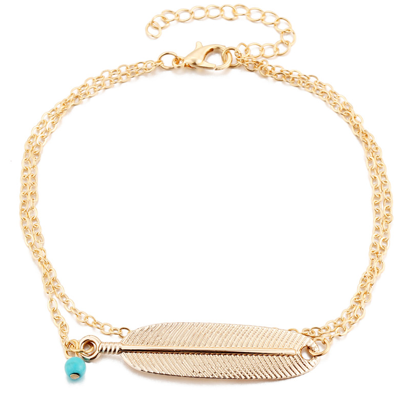 Vintage Anklet Women Blue bead Leaf Charms Beads Bohemian Ankle Bracelet Foot Jewelry