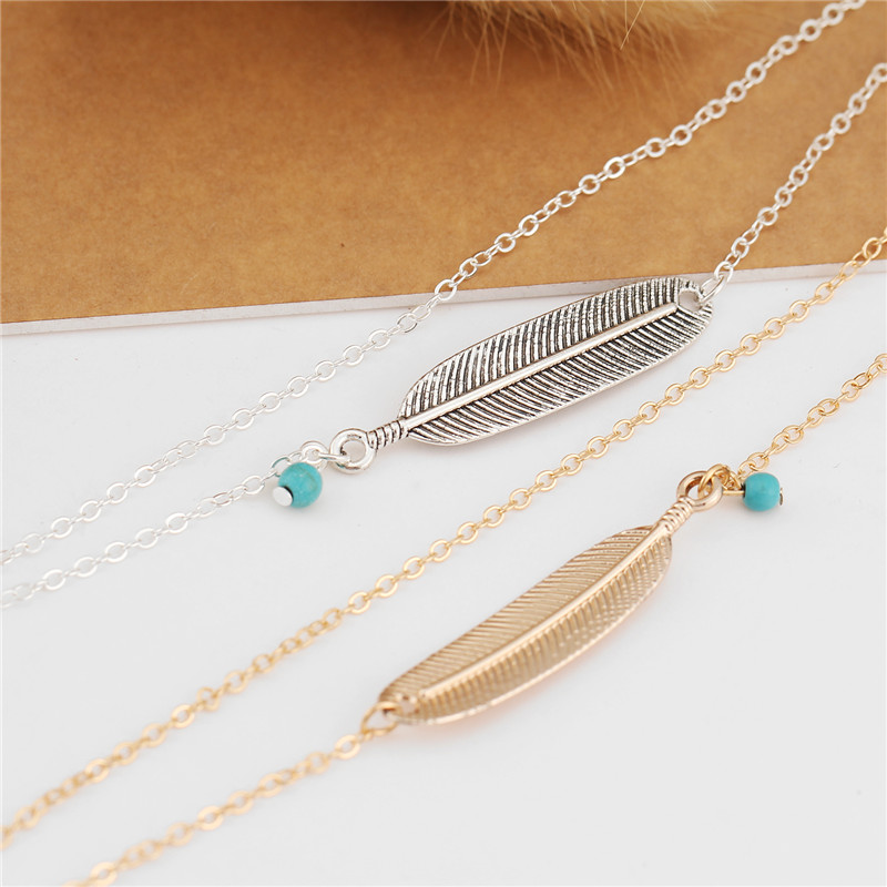 Vintage Anklet Women Blue bead Leaf Charms Beads Bohemian Ankle Bracelet Foot Jewelry