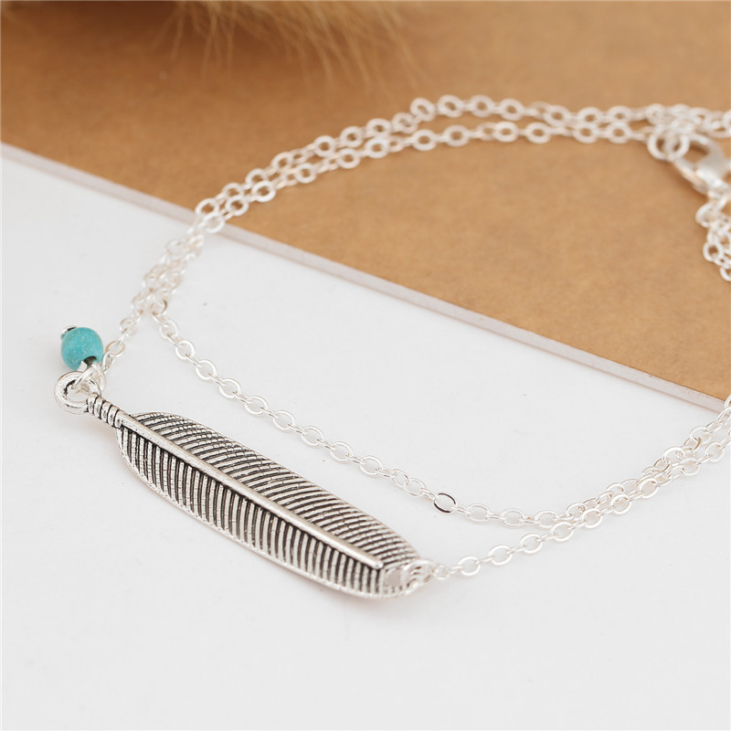 Vintage Anklet Women Blue bead Leaf Charms Beads Bohemian Ankle Bracelet Foot Jewelry