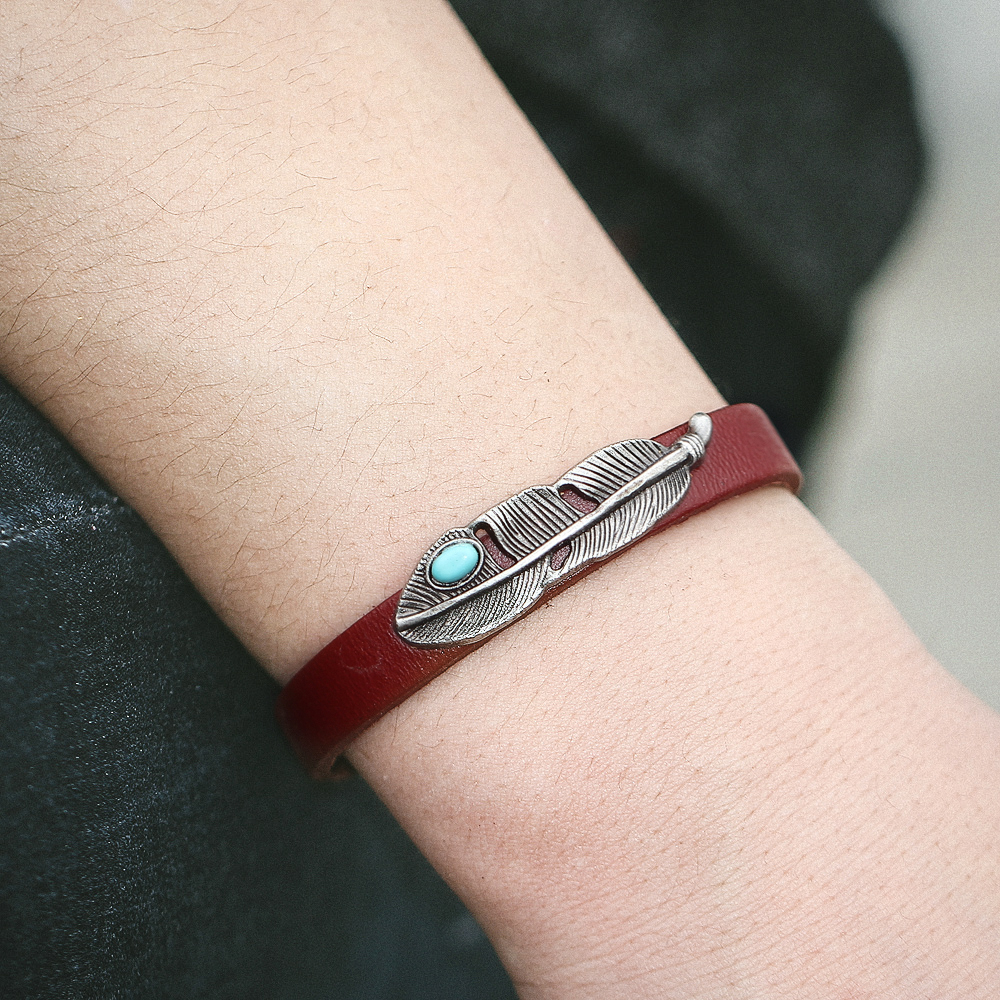 Fashion Retro Alloy Leather Bracelet Turquoise Feathers Bracelet for Women &amp; Men