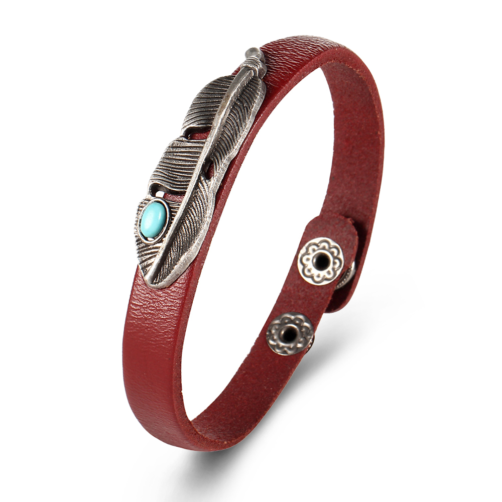 Fashion Retro Alloy Leather Bracelet Turquoise Feathers Bracelet for Women &amp; Men