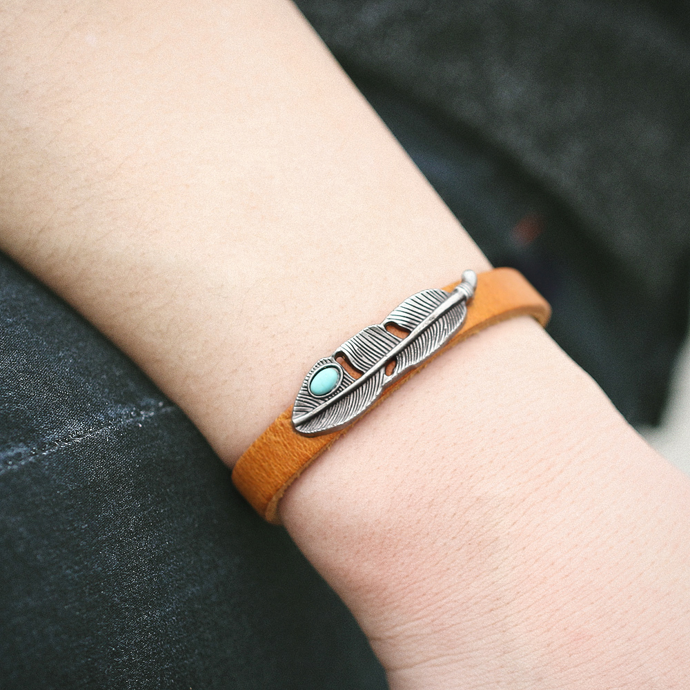 Fashion Retro Alloy Leather Bracelet Turquoise Feathers Bracelet for Women &amp; Men