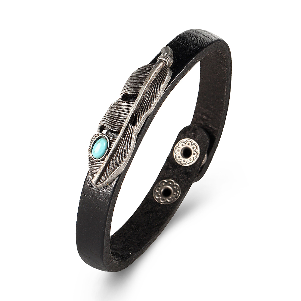 Fashion Retro Alloy Leather Bracelet Turquoise Feathers Bracelet for Women &amp; Men
