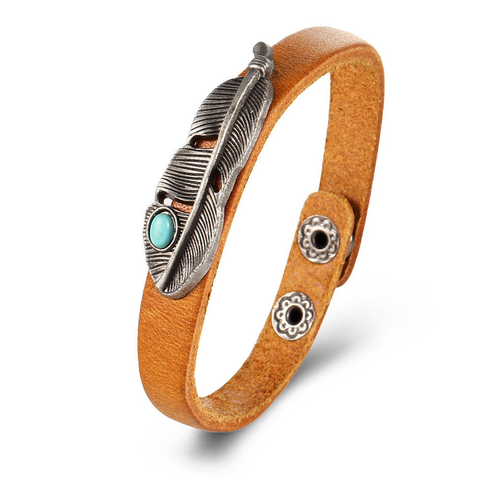 Fashion Retro Alloy Leather Bracelet Turquoise Feathers Bracelet for Women &amp; Men