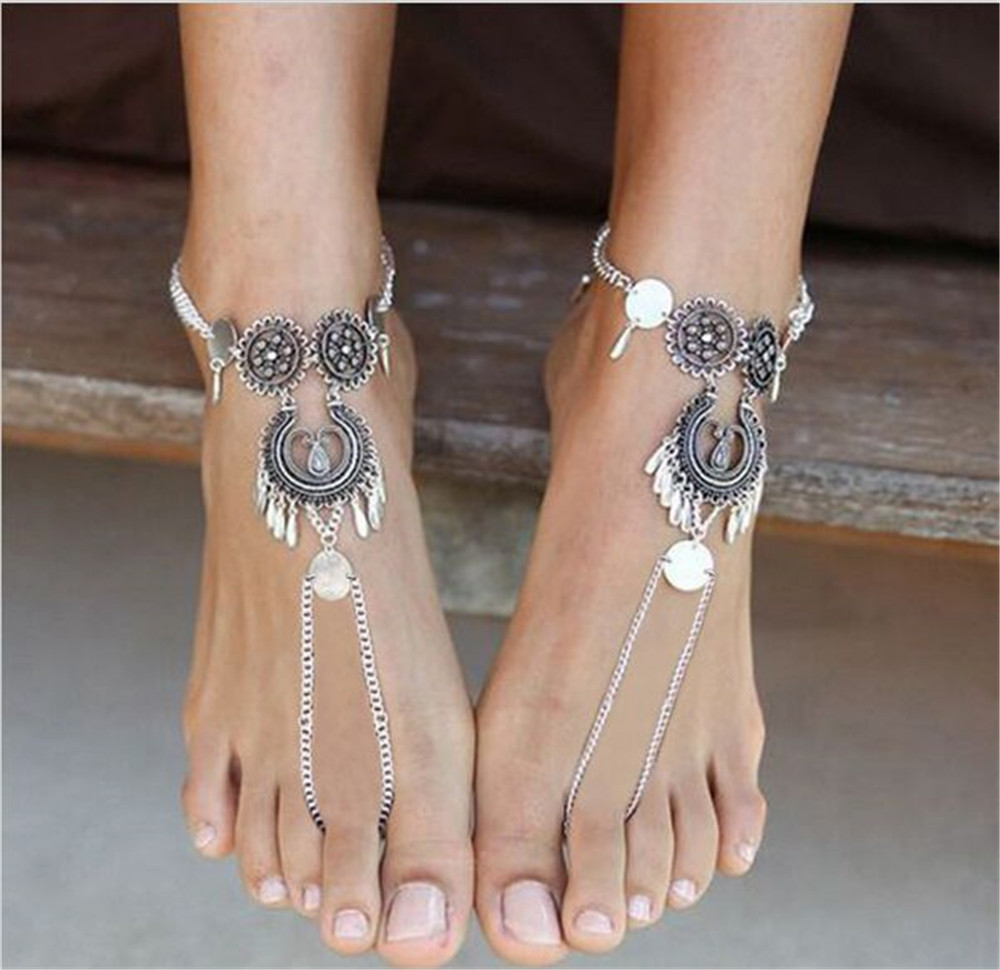 Bohemian Silver Color Hollow Flower Chain Anklets Beach Barefoot Sandals Foot Jewelry