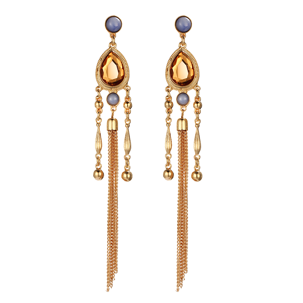 Women Elegant Retro Long Tassels Alloy Earrings Beads pendant Crystal Gemstone Stud Earring Jewelry
