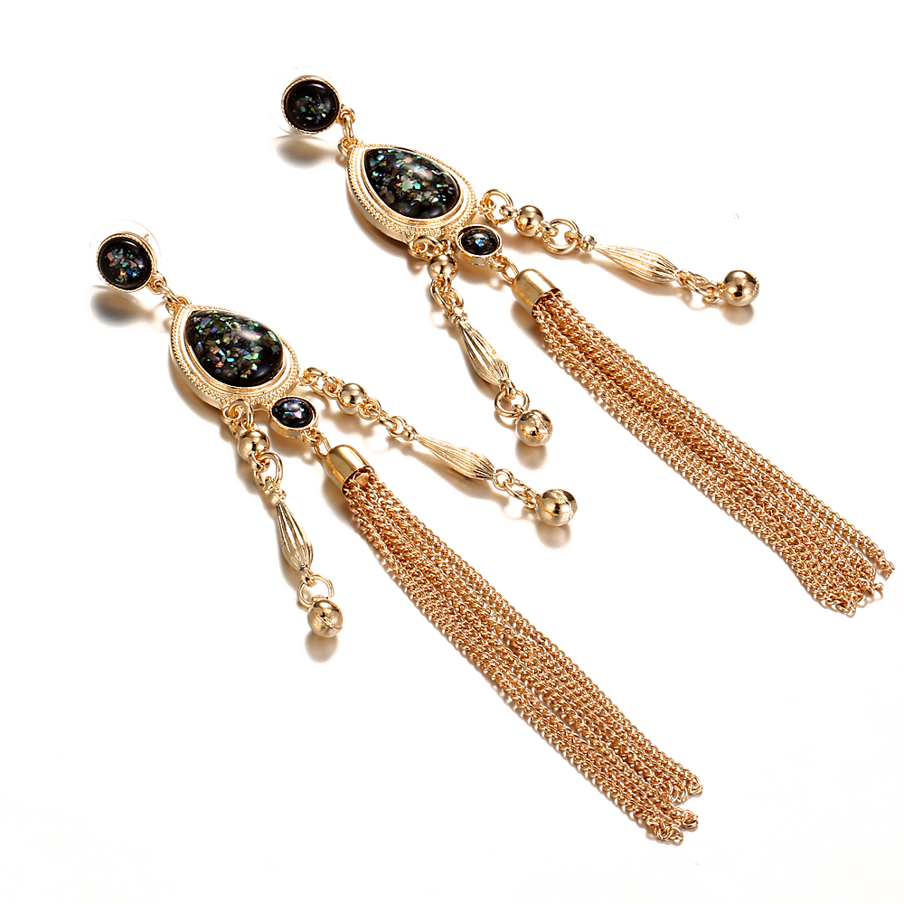 Women Elegant Retro Long Tassels Alloy Earrings Beads pendant Crystal Gemstone Stud Earring Jewelry