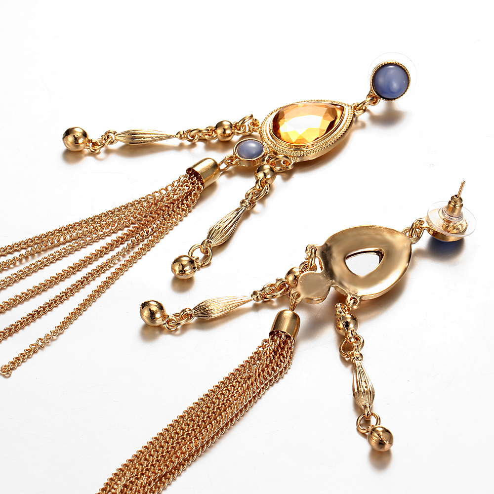 Women Elegant Retro Long Tassels Alloy Earrings Beads pendant Crystal Gemstone Stud Earring Jewelry