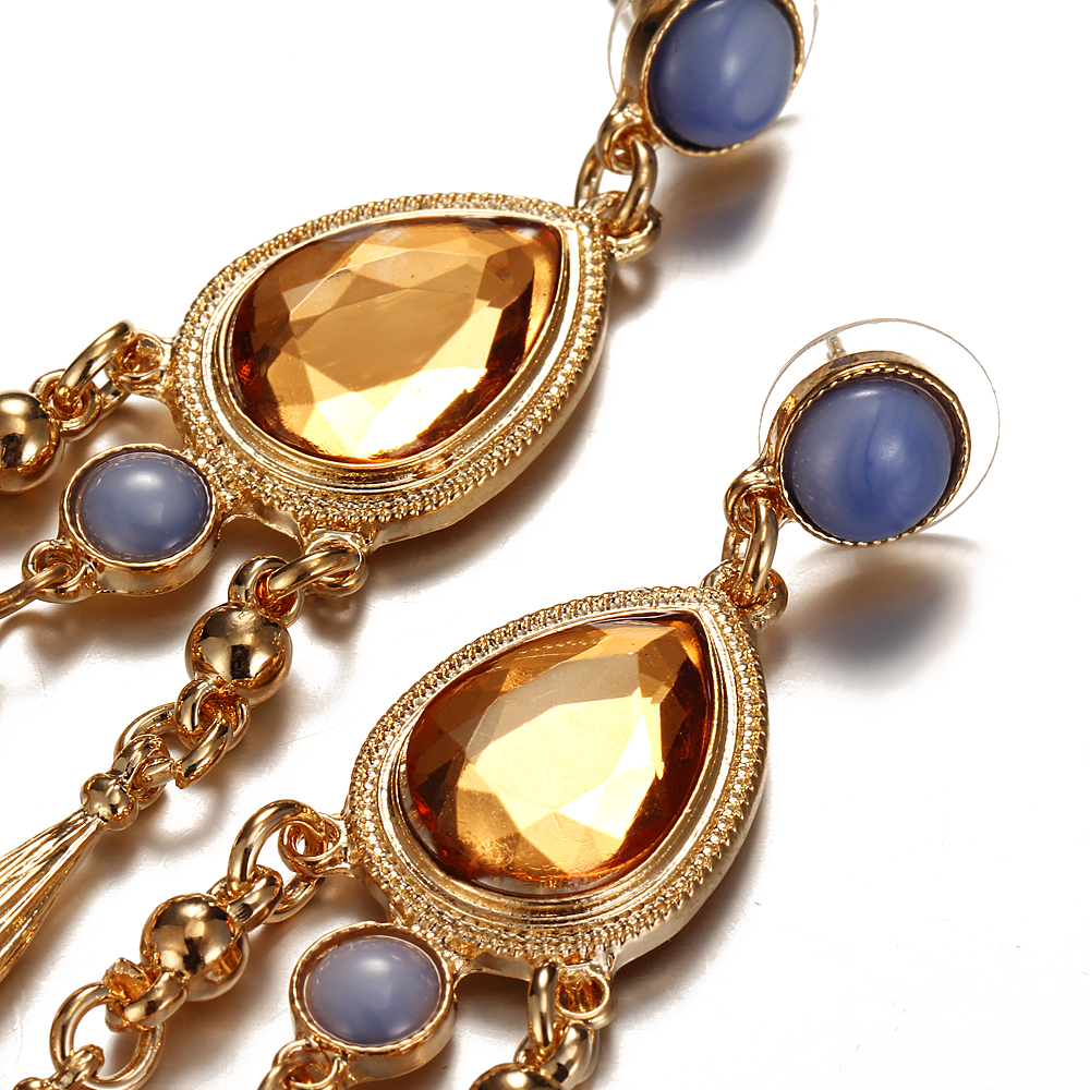 Women Elegant Retro Long Tassels Alloy Earrings Beads pendant Crystal Gemstone Stud Earring Jewelry