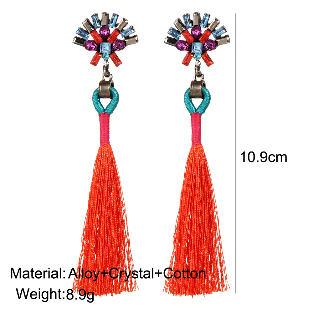 Bohemian Ethnic Vintage Earrings Rhinestone Crystal Long Tassel Stud Earrings for Women