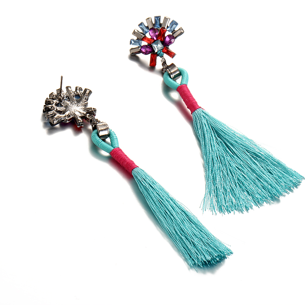 Bohemian Ethnic Vintage Earrings Rhinestone Crystal Long Tassel Stud Earrings for Women