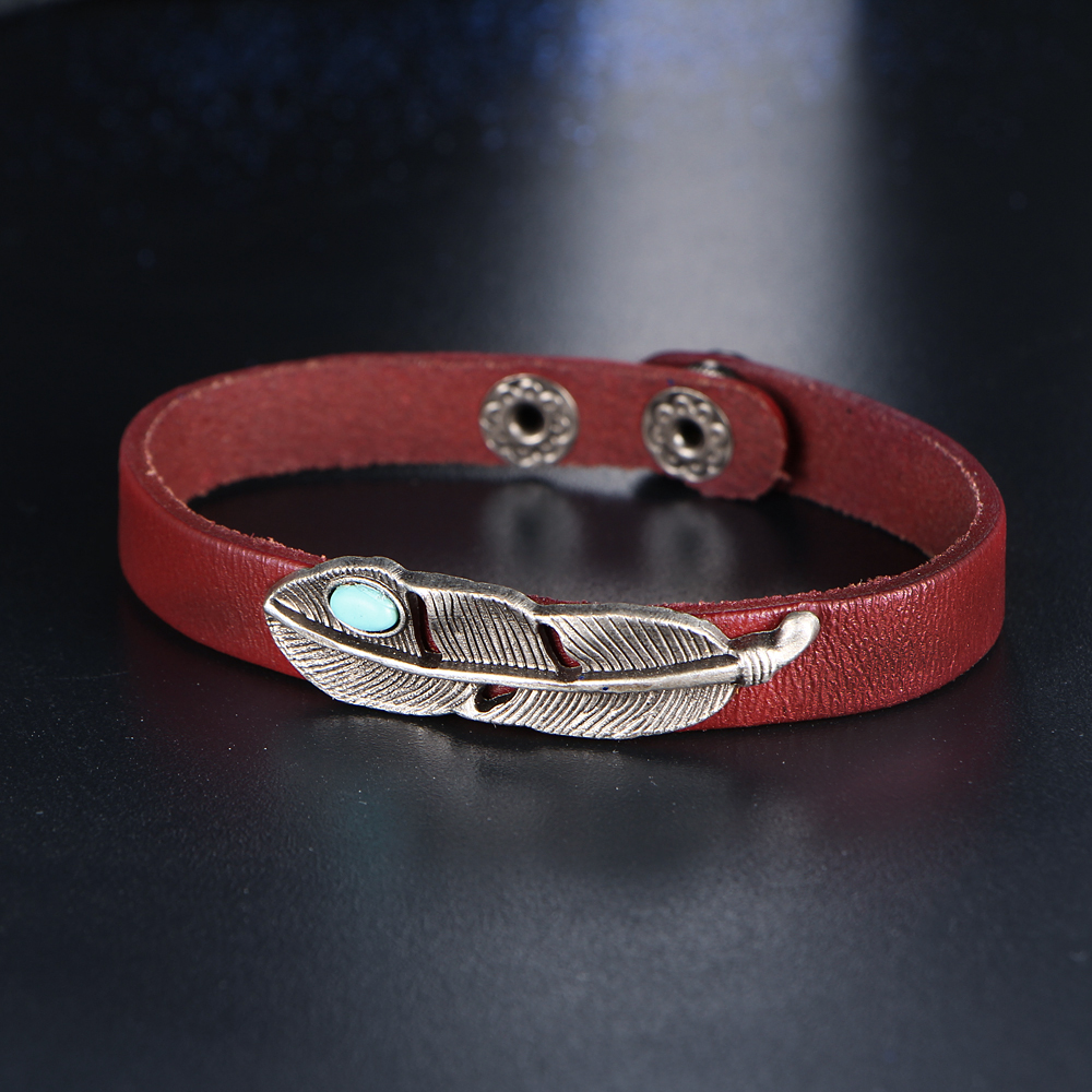 Fashion Retro Alloy Leather Bracelet Turquoise Feathers Bracelet for Women &amp; Men