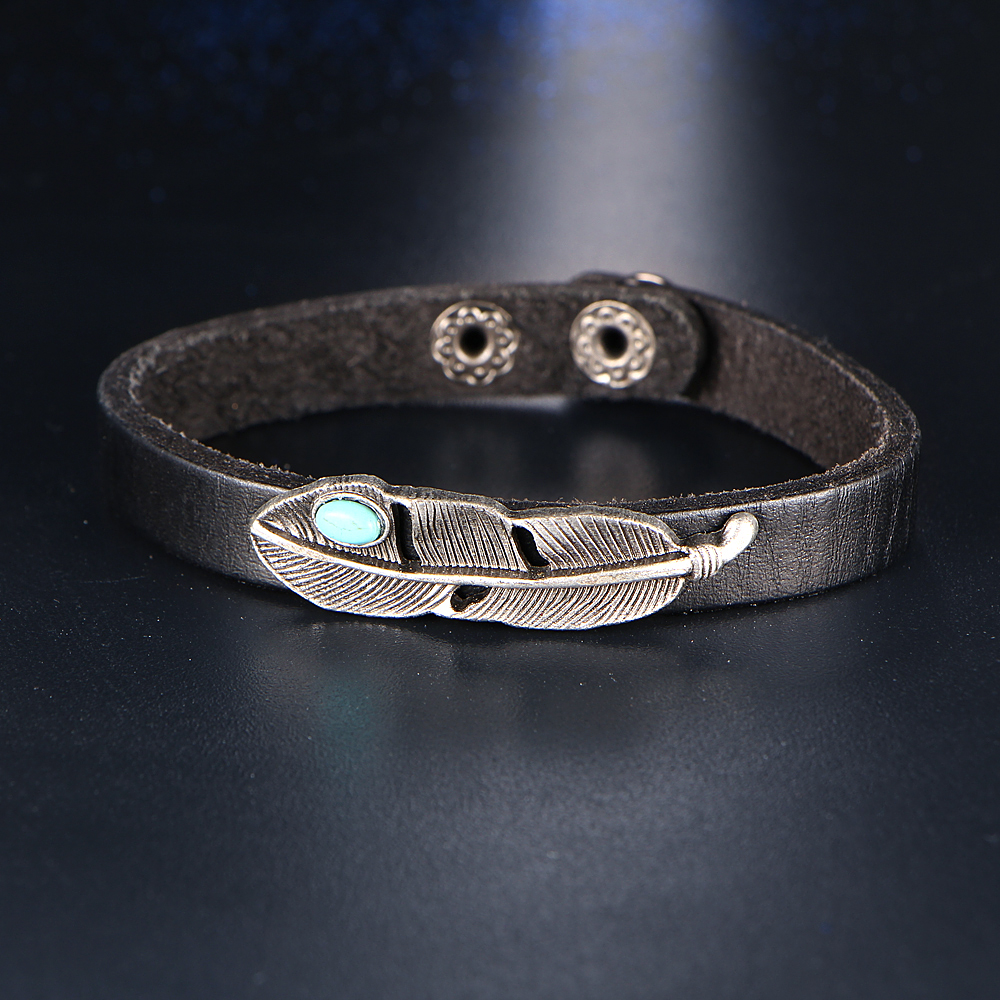 Fashion Retro Alloy Leather Bracelet Turquoise Feathers Bracelet for Women &amp; Men