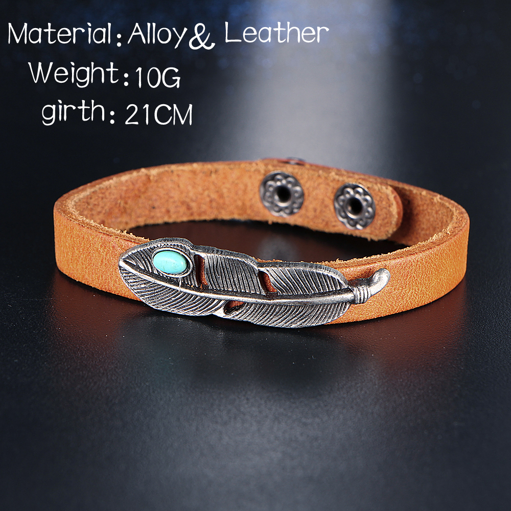 Fashion Retro Alloy Leather Bracelet Turquoise Feathers Bracelet for Women &amp; Men