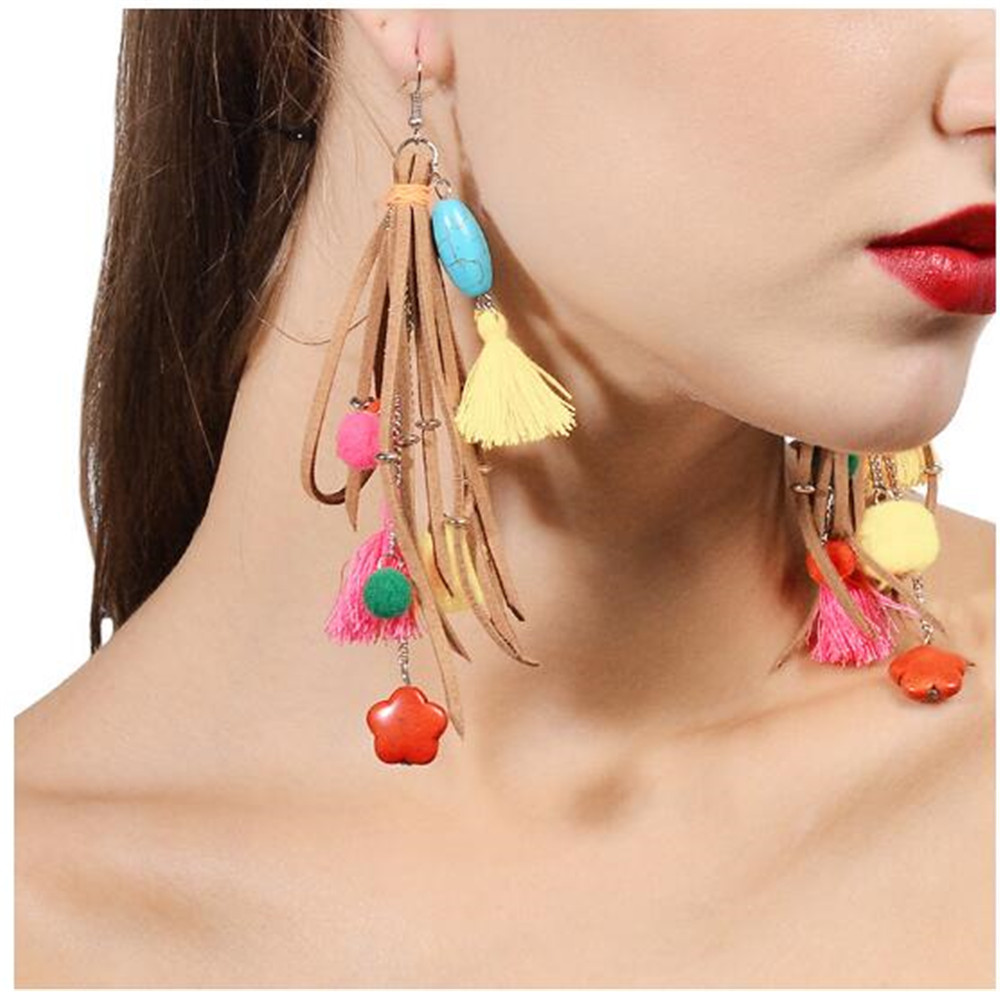 Bohemian Turquoises Earrings Handmade Cotton Tassel Big Dangle Drop Earrings Ethnic Jewelry