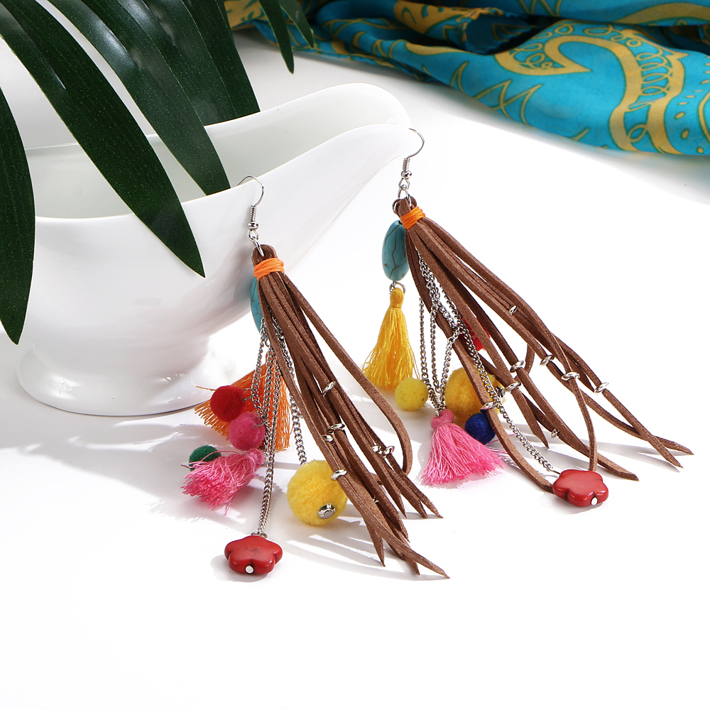 Bohemian Turquoises Earrings Handmade Cotton Tassel Big Dangle Drop Earrings Ethnic Jewelry