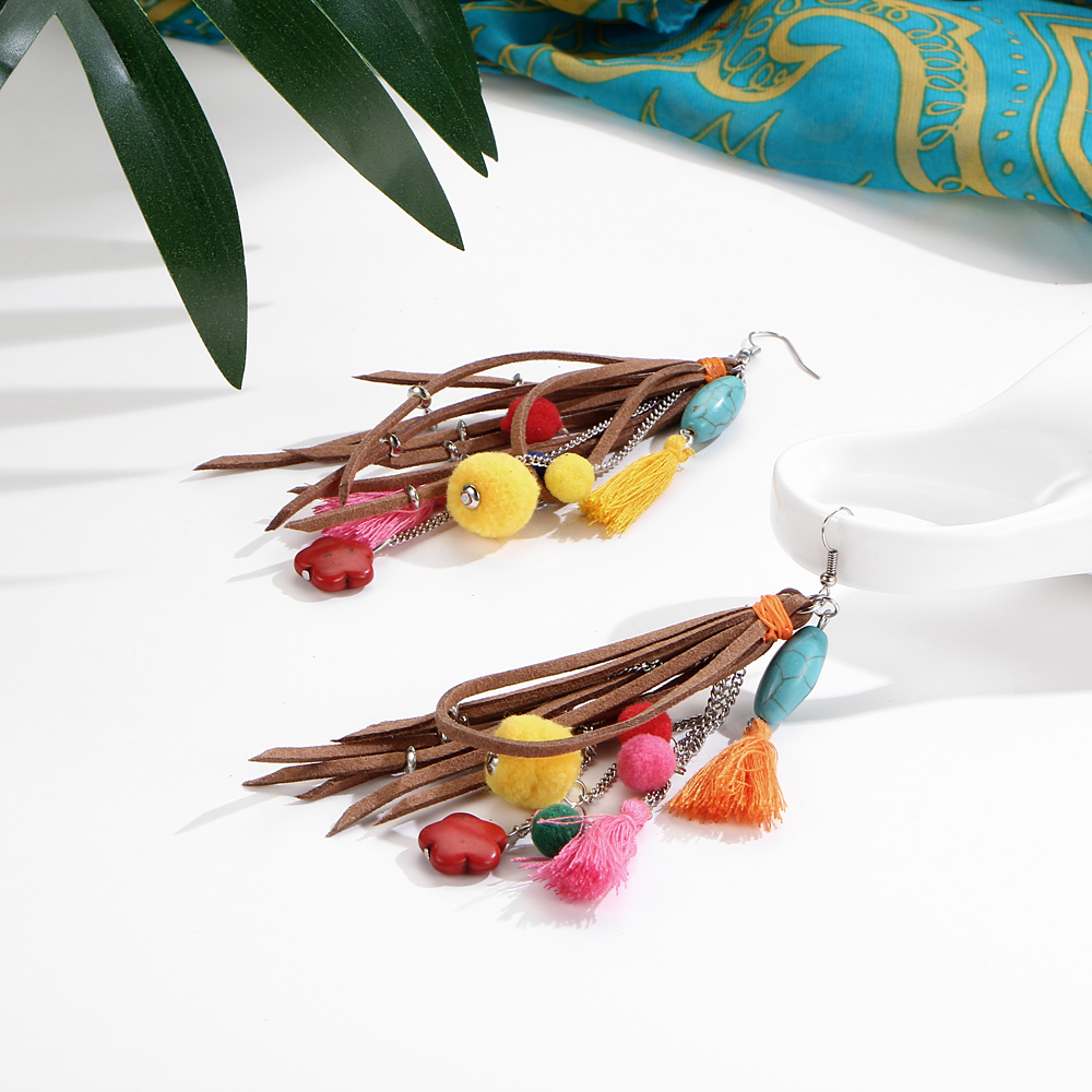 Bohemian Turquoises Earrings Handmade Cotton Tassel Big Dangle Drop Earrings Ethnic Jewelry