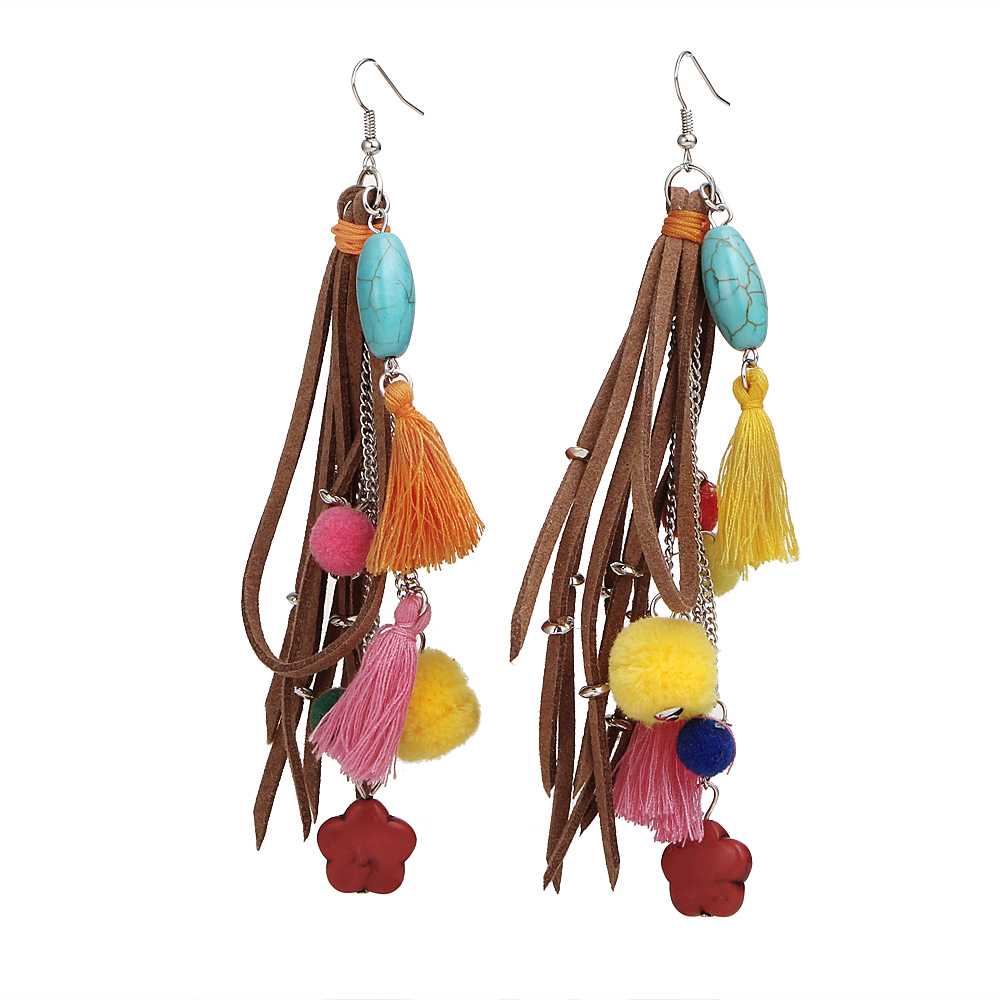 Bohemian Turquoises Earrings Handmade Cotton Tassel Big Dangle Drop Earrings Ethnic Jewelry