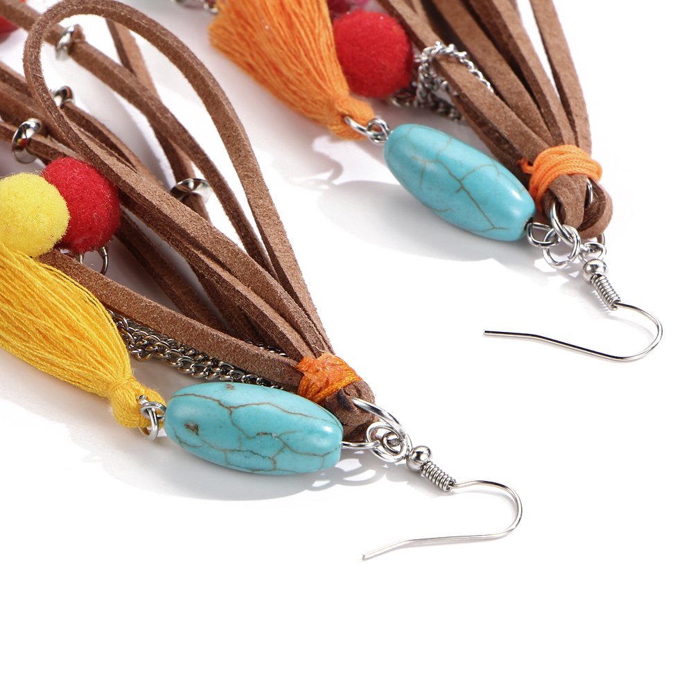 Bohemian Turquoises Earrings Handmade Cotton Tassel Big Dangle Drop Earrings Ethnic Jewelry