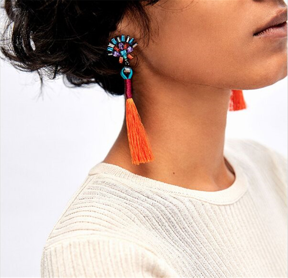 Bohemian Ethnic Vintage Earrings Rhinestone Crystal Long Tassel Stud Earrings for Women
