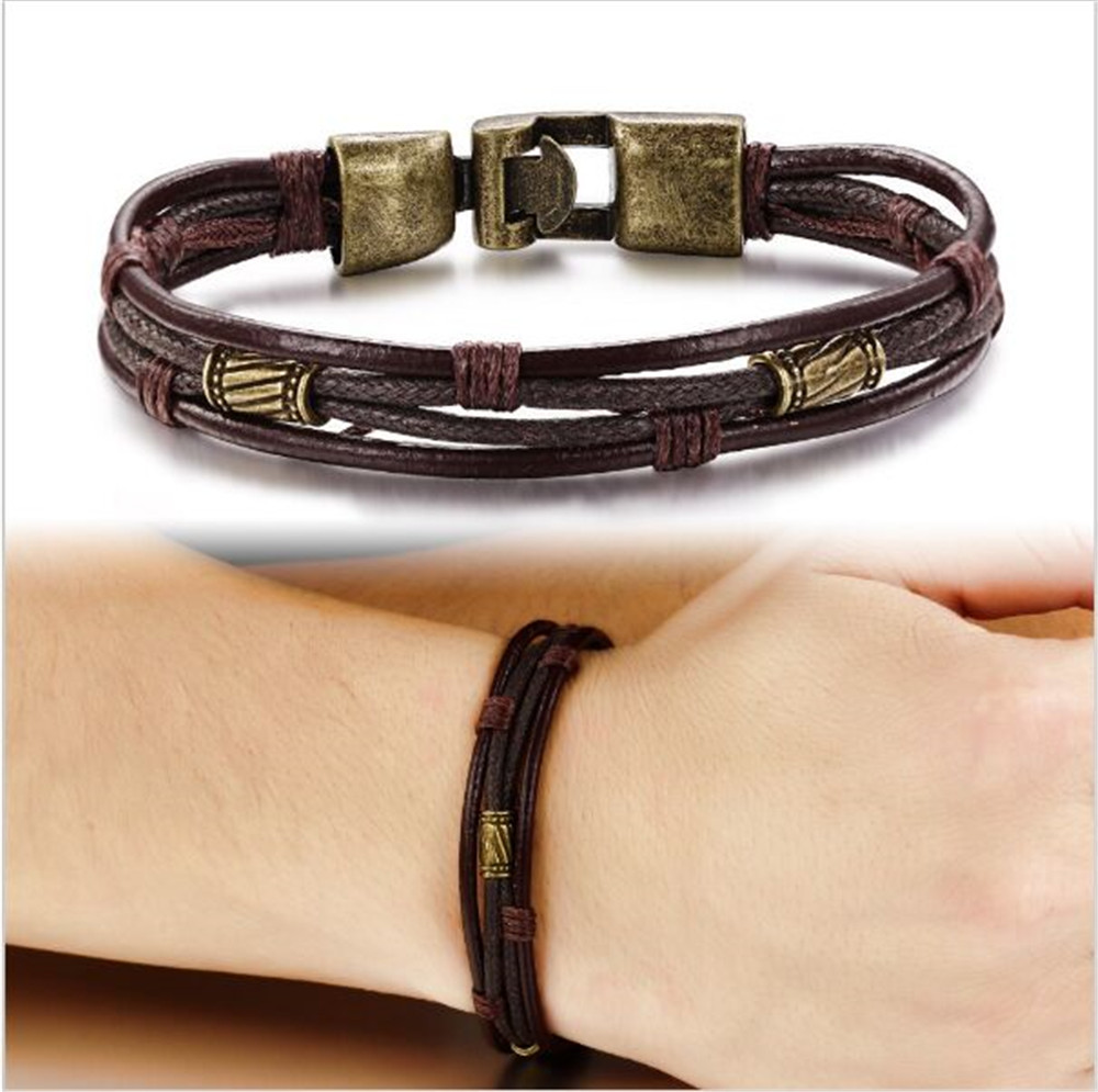 Fashion Multi-Layer High Quality Leather Man Bracelets Alloy Hook Link Chain Men Jewelry
