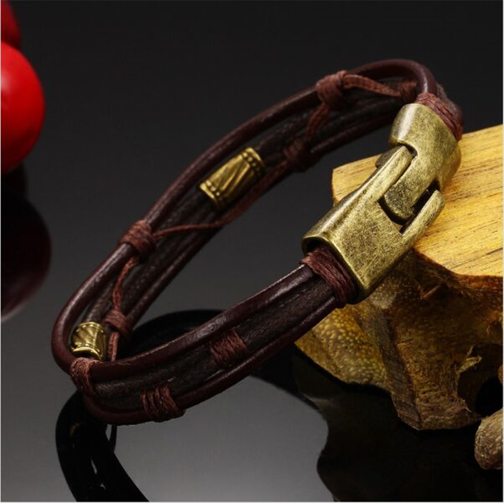 Fashion Multi-Layer High Quality Leather Man Bracelets Alloy Hook Link Chain Men Jewelry