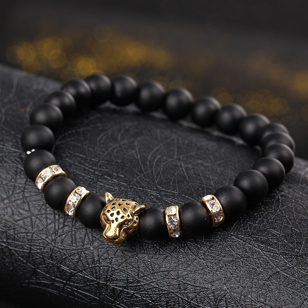 Natural Matte black volcano Lava Stone Man Bracelet Leopard Head Rhinestone String Stretch Bracelets