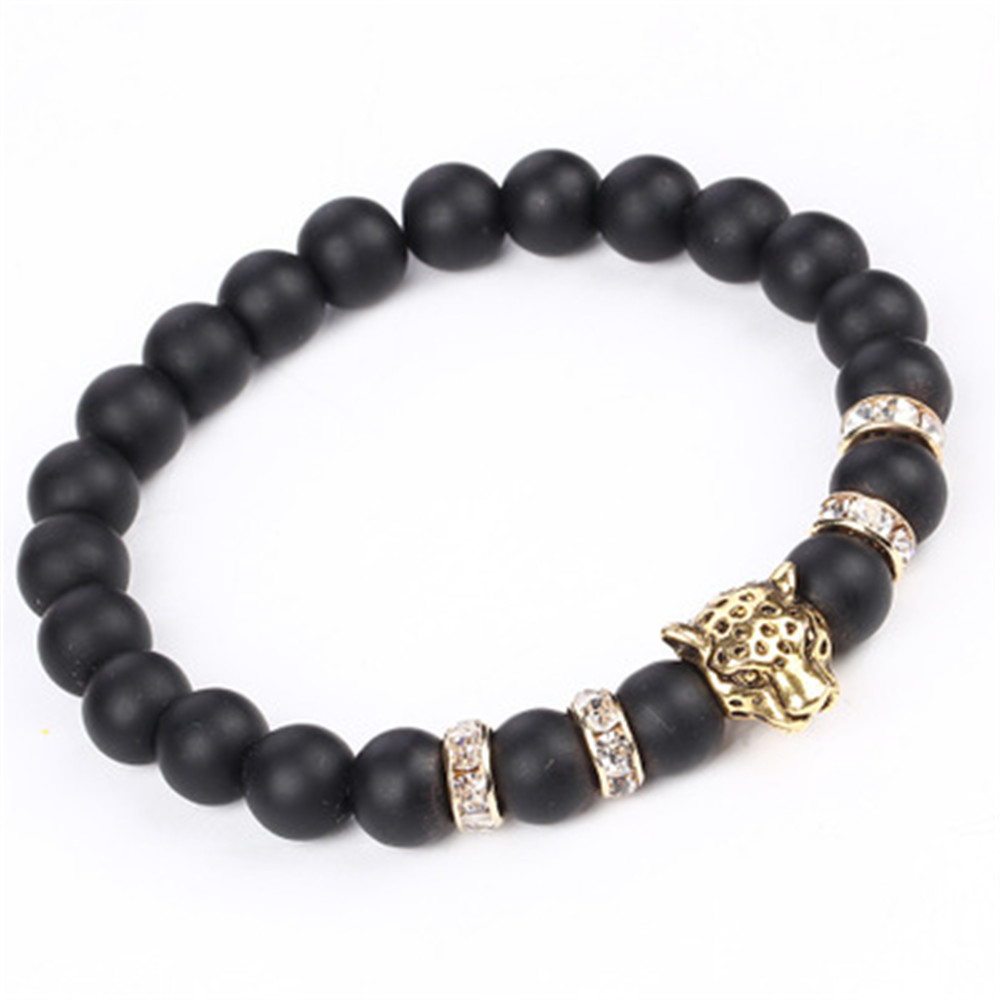 Natural Matte black volcano Lava Stone Man Bracelet Leopard Head Rhinestone String Stretch Bracelets