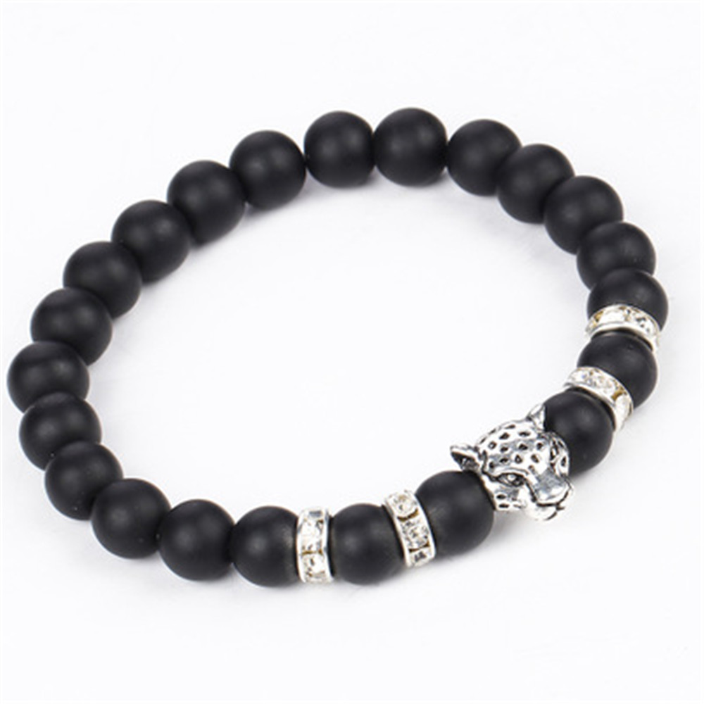 Natural Matte black volcano Lava Stone Man Bracelet Leopard Head Rhinestone String Stretch Bracelets