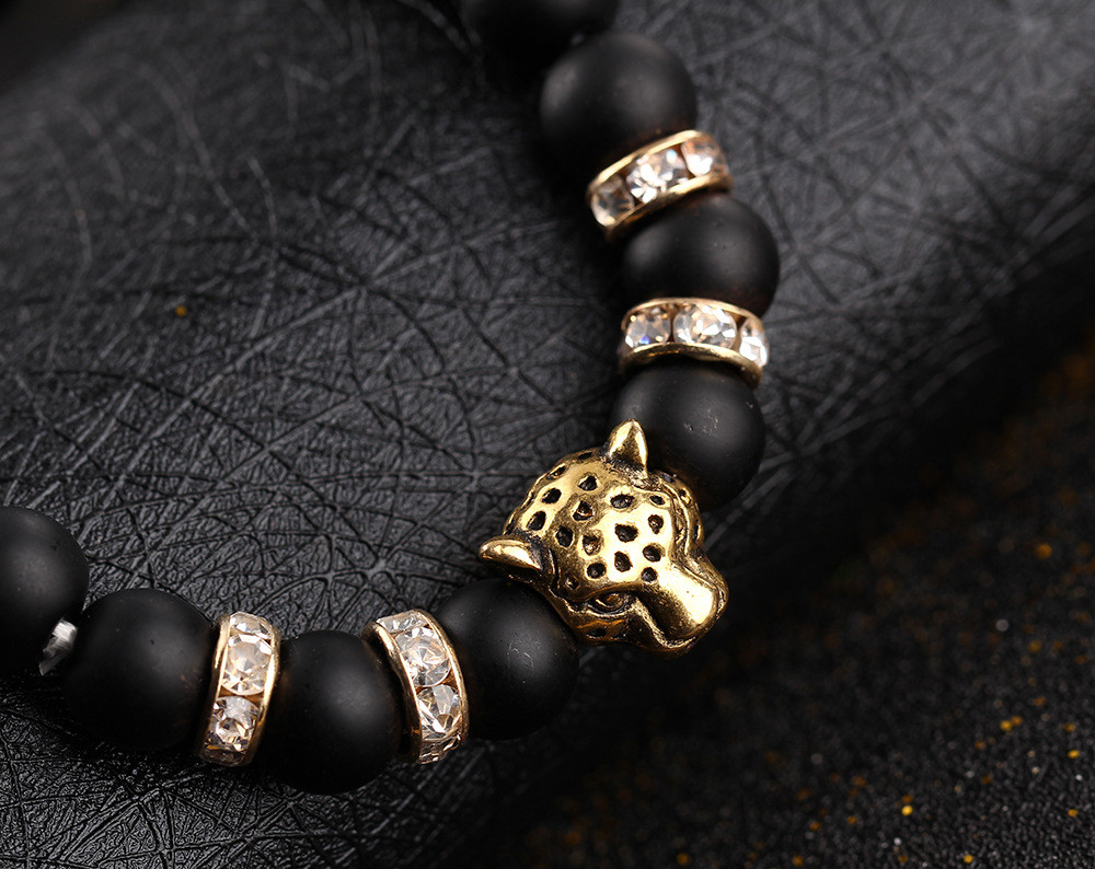 Natural Matte black volcano Lava Stone Man Bracelet Leopard Head Rhinestone String Stretch Bracelets