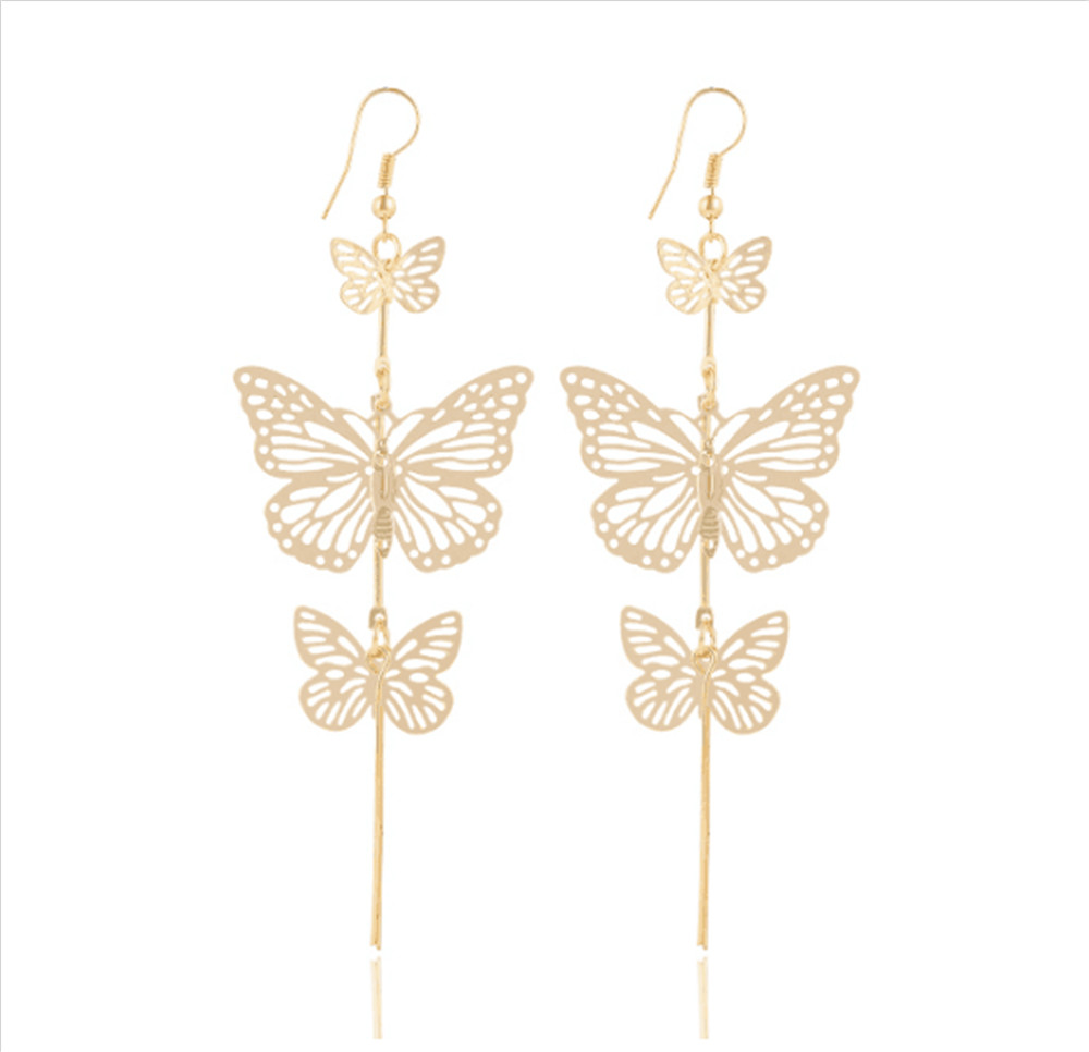 New Fashion Alloy Double Bow Butterfly Drop Earrings Jewelry Hollow Flower Long Tassels Earring