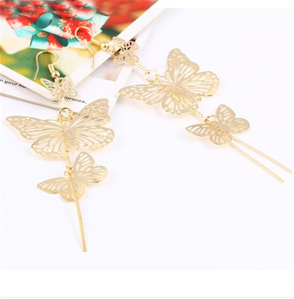 New Fashion Alloy Double Bow Butterfly Drop Earrings Jewelry Hollow Flower Long Tassels Earring