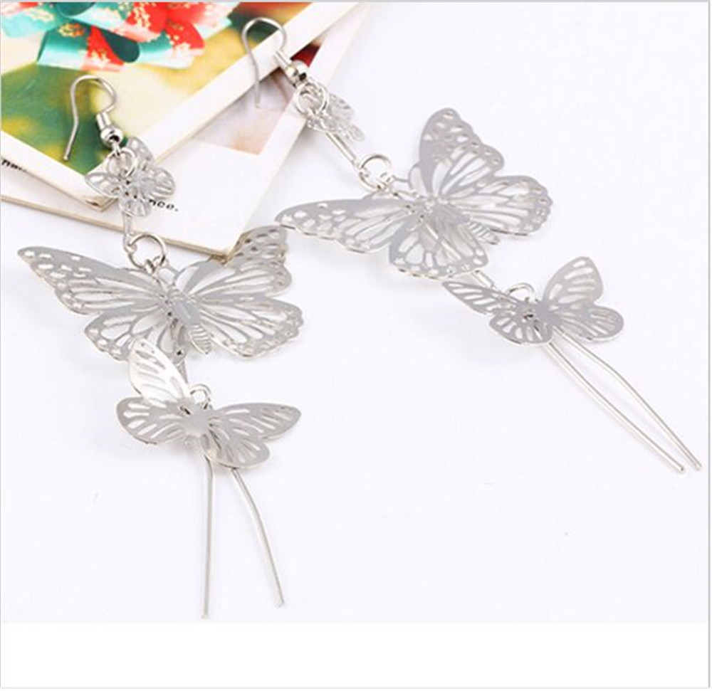 New Fashion Alloy Double Bow Butterfly Drop Earrings Jewelry Hollow Flower Long Tassels Earring