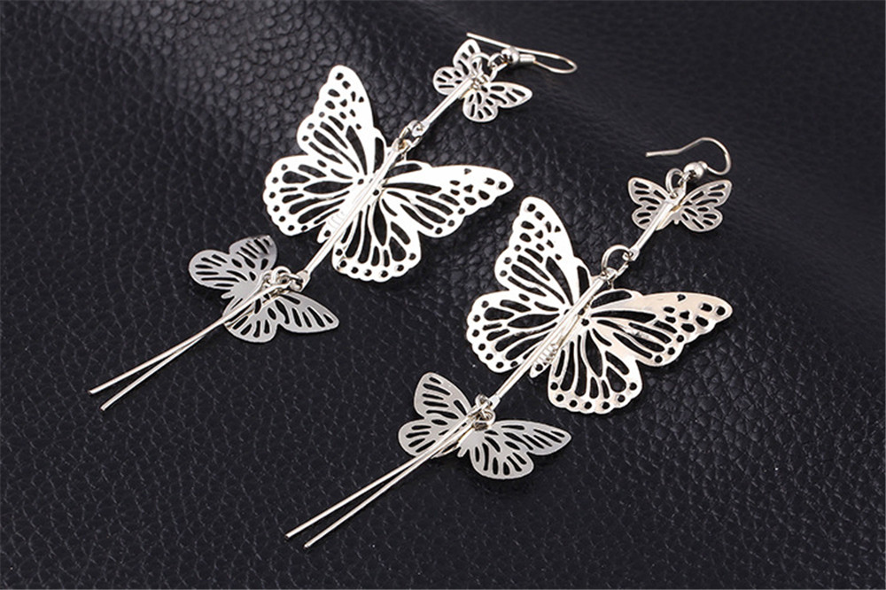 New Fashion Alloy Double Bow Butterfly Drop Earrings Jewelry Hollow Flower Long Tassels Earring