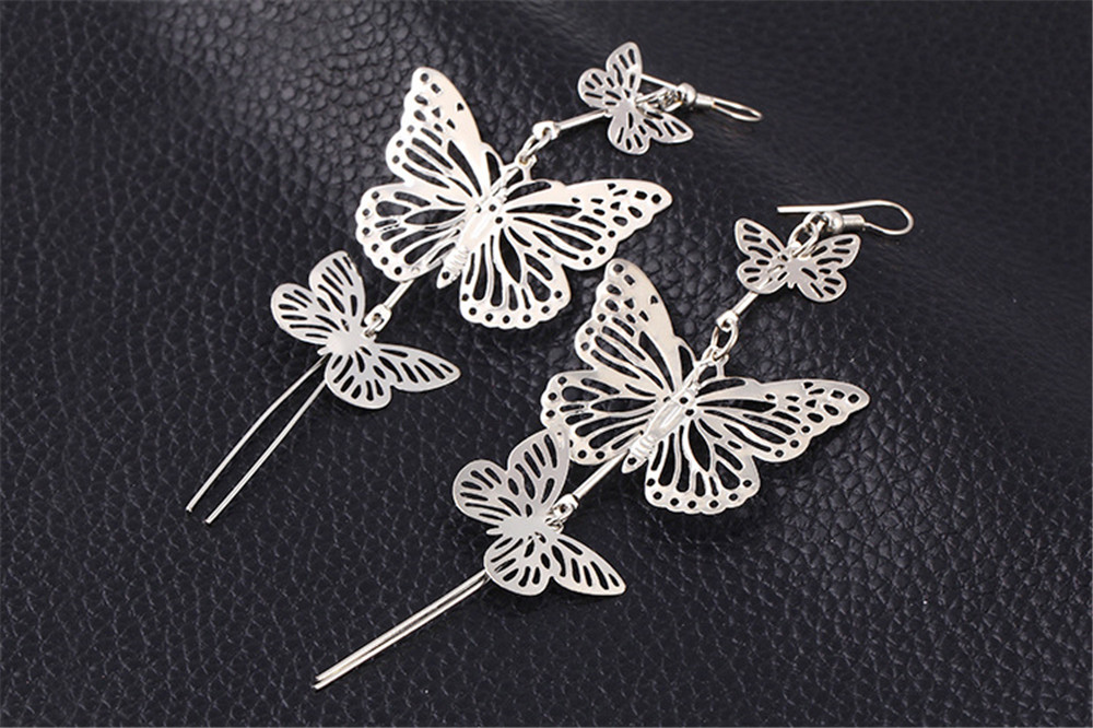 New Fashion Alloy Double Bow Butterfly Drop Earrings Jewelry Hollow Flower Long Tassels Earring
