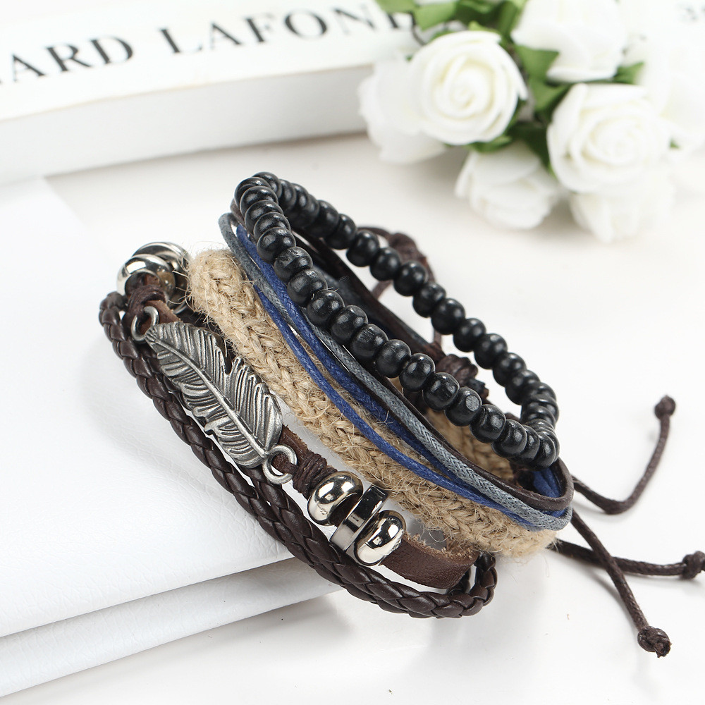 Hot selling 1Set 4PCS Punk Braided Adjustable Leather Bracelets Men / Women Cuff Vintage Jewelry