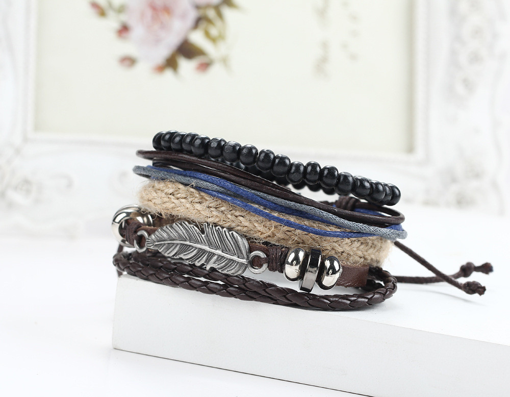 Hot selling 1Set 4PCS Punk Braided Adjustable Leather Bracelets Men / Women Cuff Vintage Jewelry