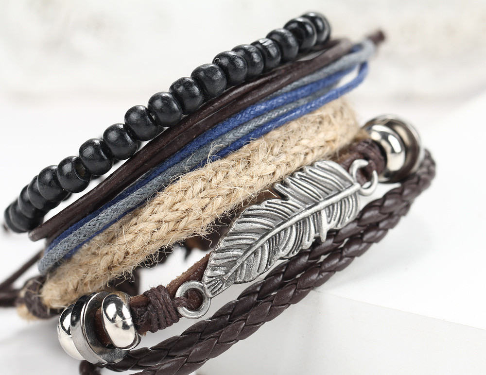 Hot selling 1Set 4PCS Punk Braided Adjustable Leather Bracelets Men / Women Cuff Vintage Jewelry