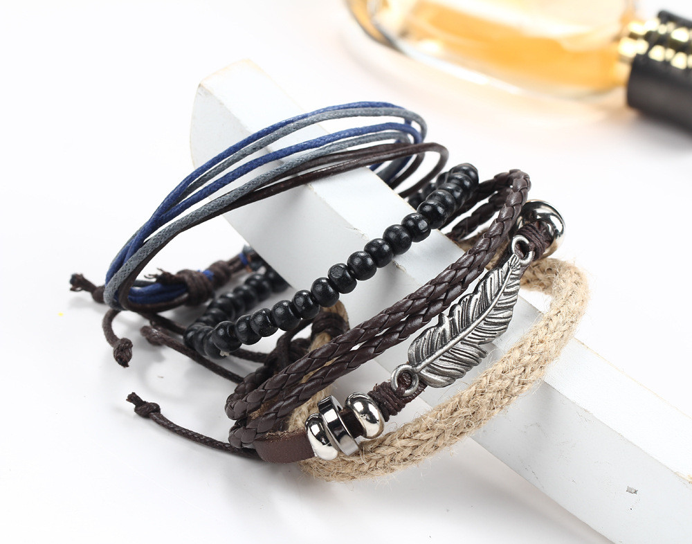 Hot selling 1Set 4PCS Punk Braided Adjustable Leather Bracelets Men / Women Cuff Vintage Jewelry