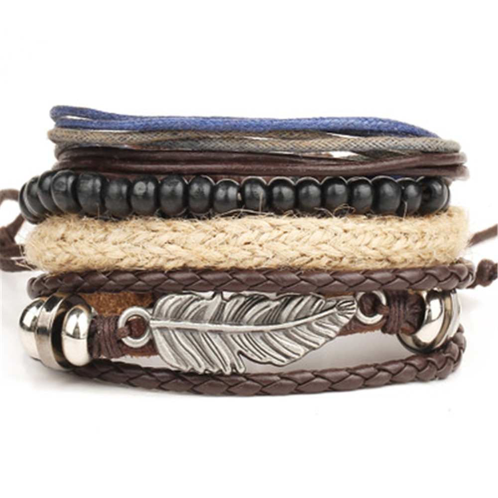 Hot selling 1Set 4PCS Punk Braided Adjustable Leather Bracelets Men / Women Cuff Vintage Jewelry